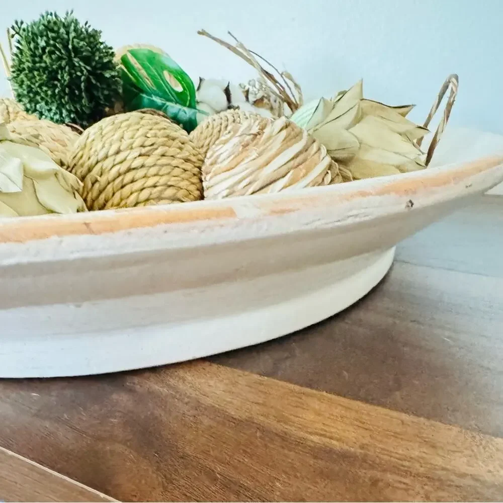 NEW POTTERY BARN White Cream Tan Handmade Terracotta Oversize Decor Low Bowl